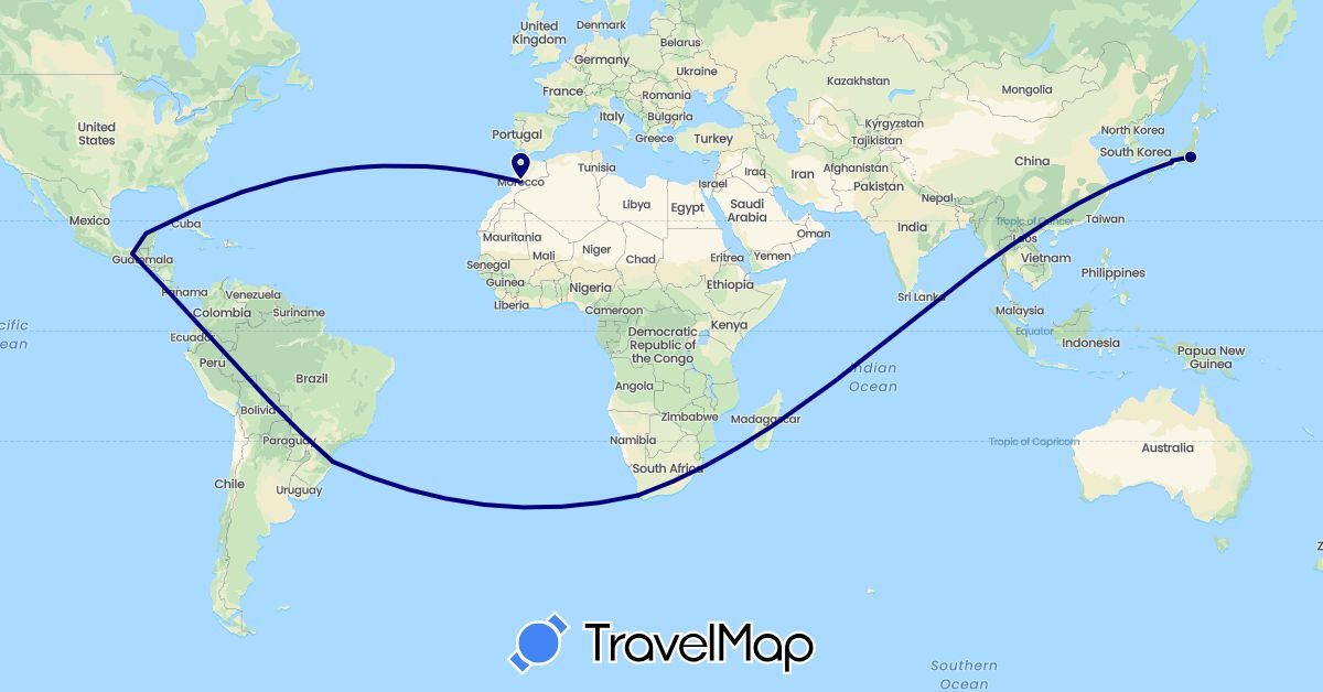 TravelMap itinerary: driving in Brazil, Japan, Morocco, Mexico, South Africa (Africa, Asia, North America, South America)